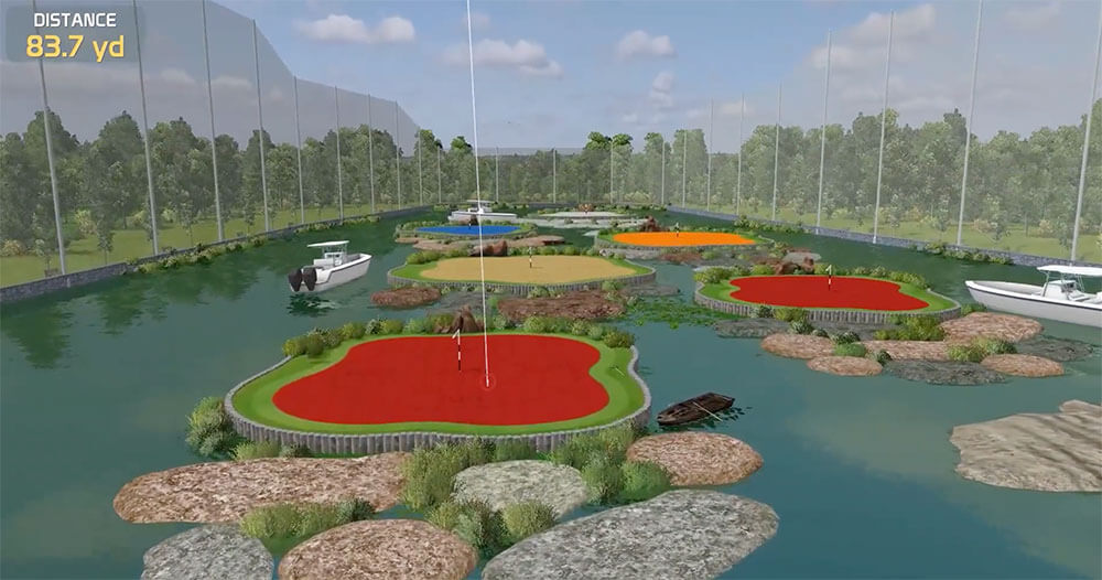 A 3D rendering of a serene pond with a boat gently floating on the water's surface.