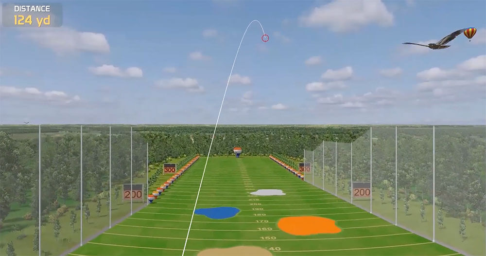 A bird soars above a serene golf course, adding a touch of nature to the picturesque landscape.