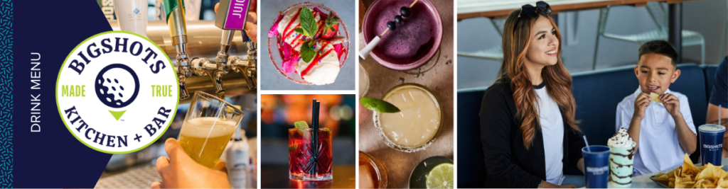 An enticing display of food and beverages at the bar in Big Shots Golf, showcasing a lively atmosphere for guests.