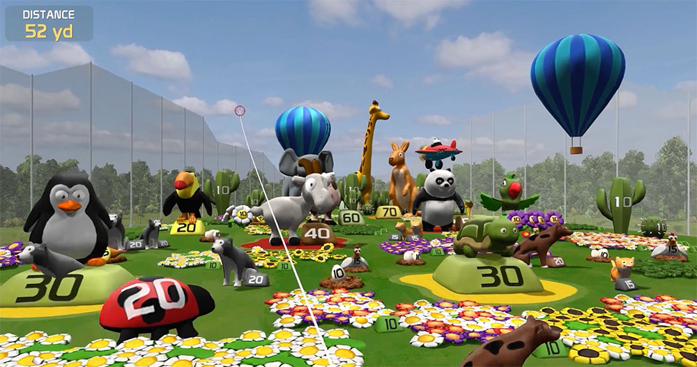 A playful scene of animals in a field, surrounded by colorful balloons and vibrant flowers.