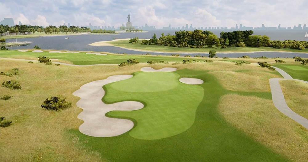 A picturesque golf course with well-maintained greens and a tranquil water view.